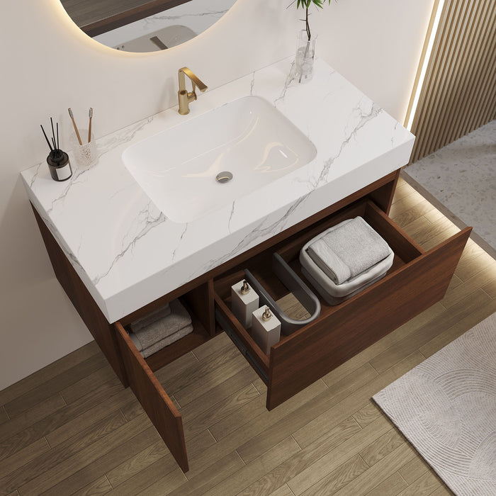 Floating Bathroom Vanity & Basin 1 Soft Close Drawer + 1 Cabinet, Wall Mounted - Walnut / White Home Essentials