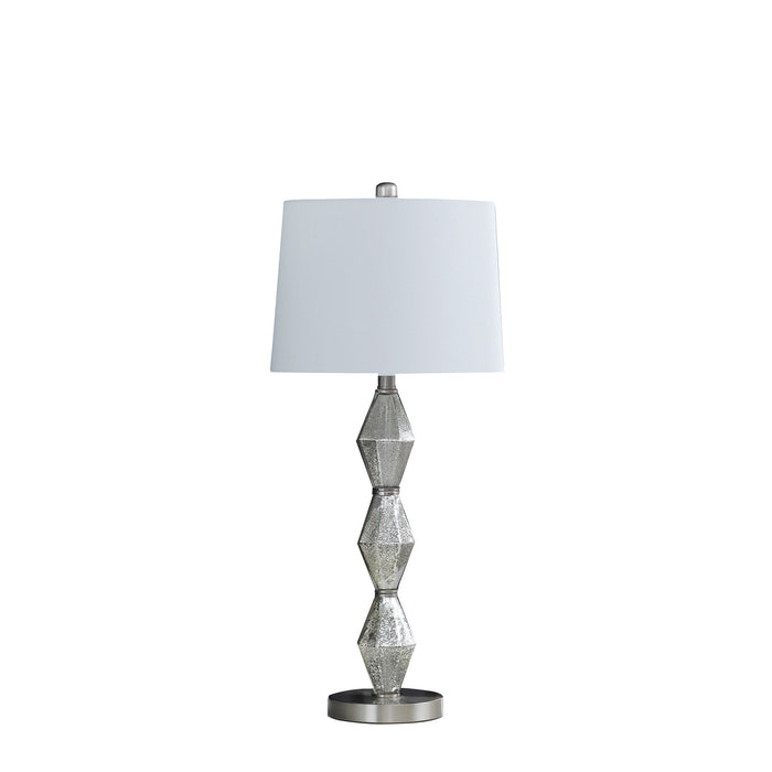 Geo Glass Table Lamp With White Shade - Brushed Silver