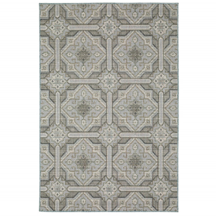 10' X 13' Geometric Stain Resistant Indoor / Outdoor Area Rug - Blue / Gray