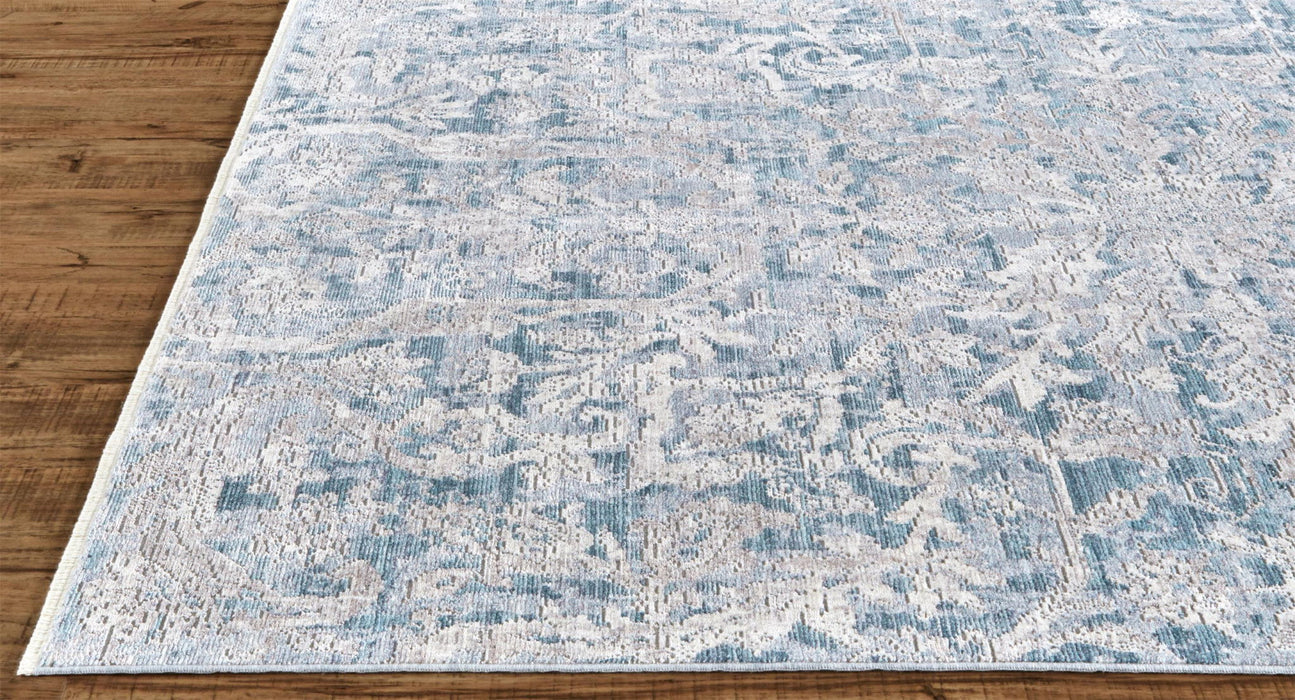Abstract Distressed Runner Rug With Fringe - Blue Gray And Silver - 8'