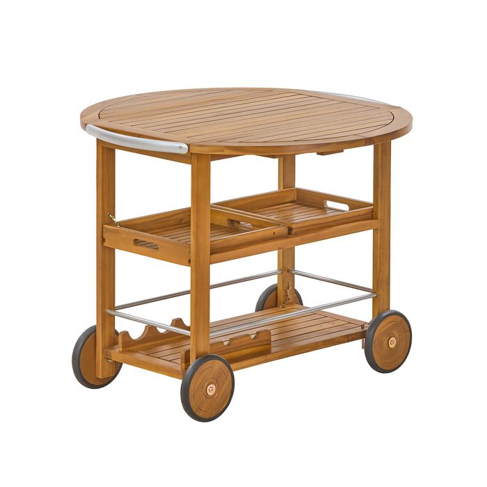 Outdoor Bar Cart With Foldable Tabletop & Removable Trays - Teak Noble House