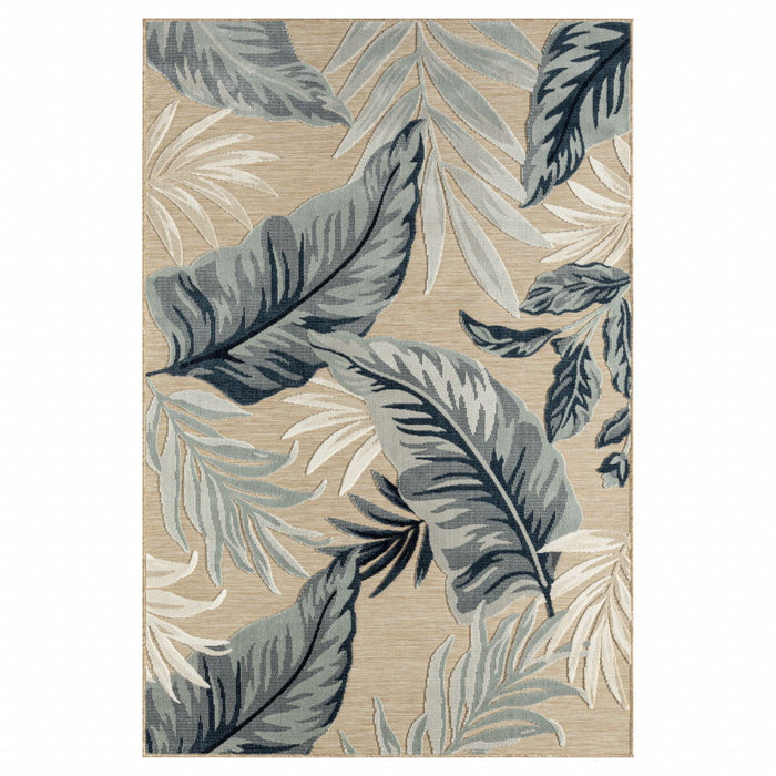 5' X 7' Floral Stain Resistant Indoor / Outdoor Area Rug - Blue / Beige