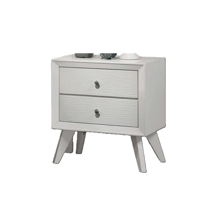 Nightstand With Angled Legs, Round Knobs, Wave Texture, 2 Drawer Bedside Table - White