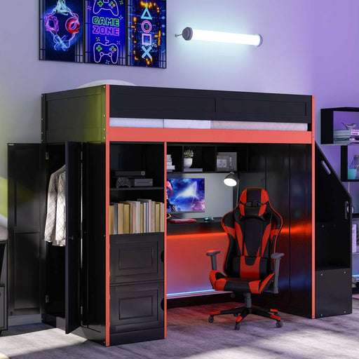 Gaming Loft Bed With Desk And Storage, LED Lights Hearth and Haven