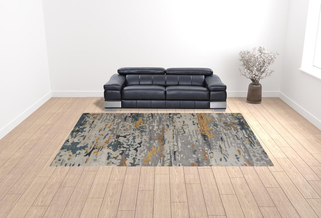 Abstract Tufted Handmade Stain Resistant Area Rug - Gray Yellow And Blue Wool - 10' X 14'