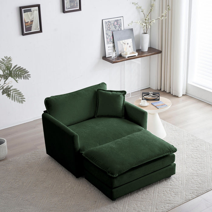 Modern Accent Chair With Ottoman, Living Room Club Chair Chenille Upholstered Armchair, Reading Chair For Bedroom - Green Chenille