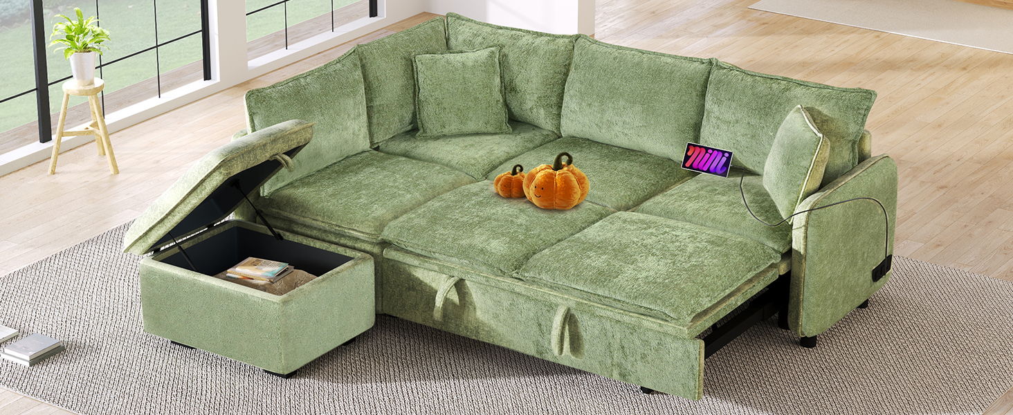 82.67" Convertible Sofa Bed Sectional Sofa Sleeper L-Shaped Sofa With A Storage Ottoman, Two Pillows, Two Power Sockets And Two USB Ports For Living Room, Green