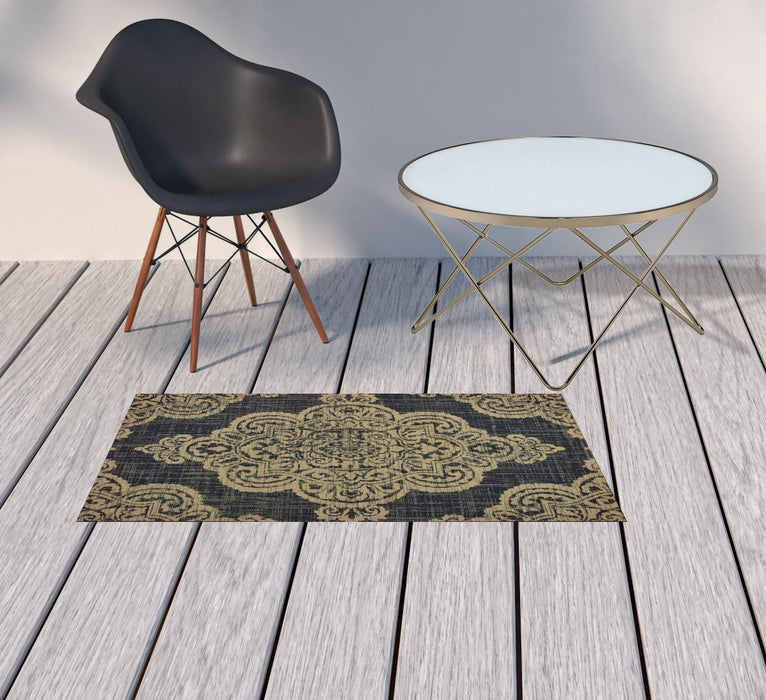 2' X 4' Oriental Stain Resistant Indoor / Outdoor Area Rug - Black / Tan