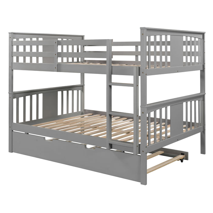 Full Over Full Bunk Bed With Twin Size Trundle And Ladder - Gray