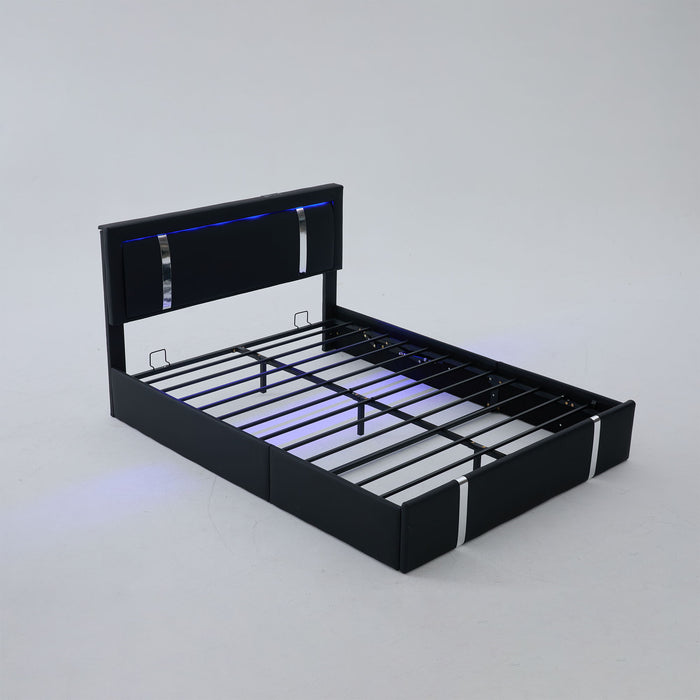 Upholstered Platform Bed Frame With Adjustable LED Headboard, USB C-Charging, Hydraulic Lift Home Essentials