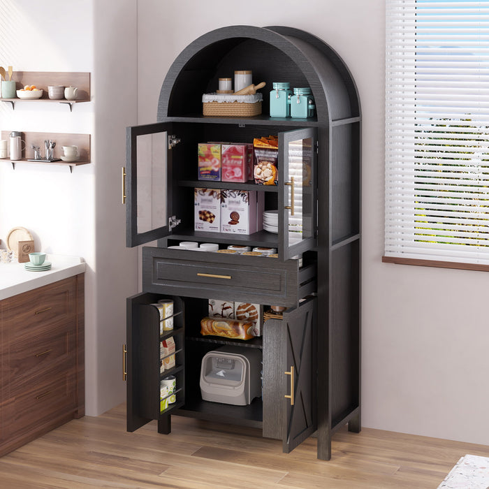 Arched Kitchen Pantry Cabinet With Adjustable Shelves And Barn Door Design Home Essentials