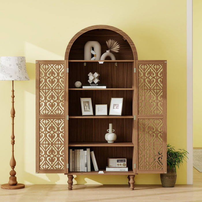 Tall Kitchen Pantry Cabinet With Hollow Carved Doors Adjustable Shelves Versatile Storage Cabinet For Kitchen - Walnut Home Essentials