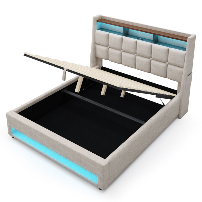 Platform Bed With Hydraulic Storage, LED Lighting & Charging Station Artistry At Home