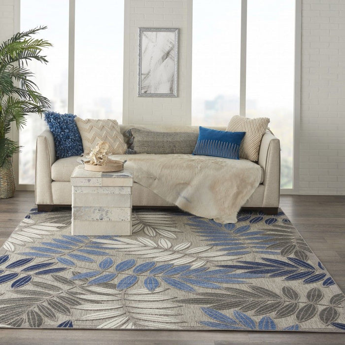 8’ X 11’ Leaves Indoor / Outdoor Area Rug - Gray / Blue