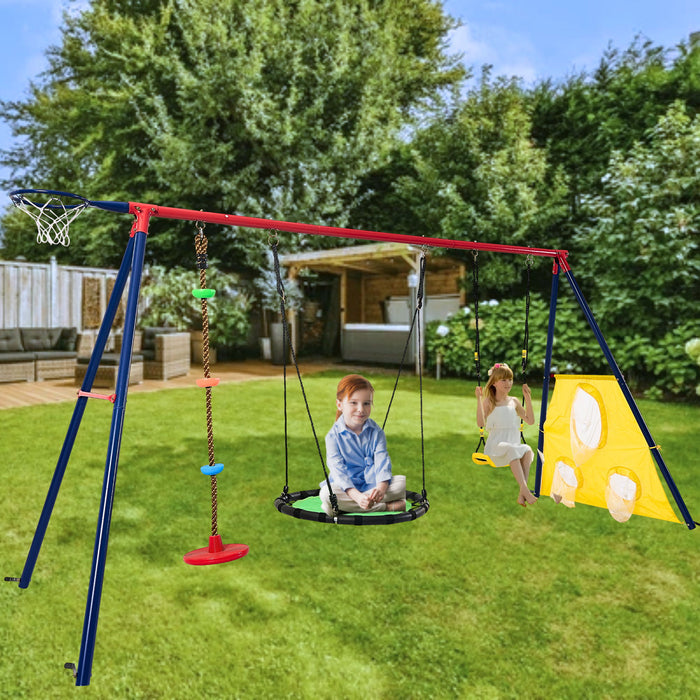 5 In 1 Swing Set With Textilene Swing And Tree Swing Disc Metal Plastic Safe Swing Seat For Outdoor Playground - Blue / Green