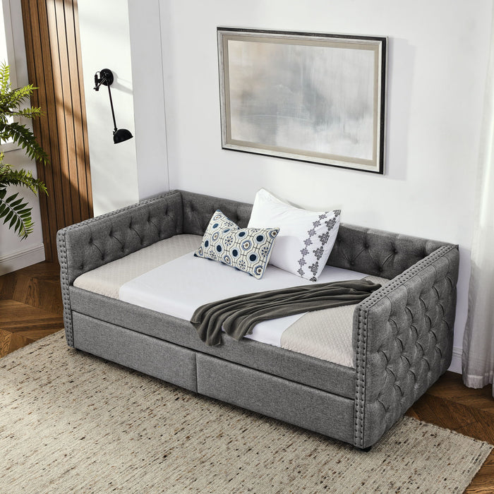 Upholstered Twin Size Daybed With Two Drawers, With Button And Copper Nail On Square Arms, Gray