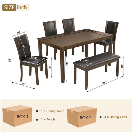 6 Piece Dining Table Set & Bench And Chairs For Dining Room - Dark Walnut Home Essentials
