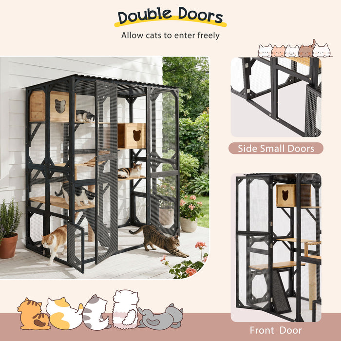 Outdoor Cat Enclosure With Sleeping Houses, Jumping Platforms, Scratching Post Hearth and Haven