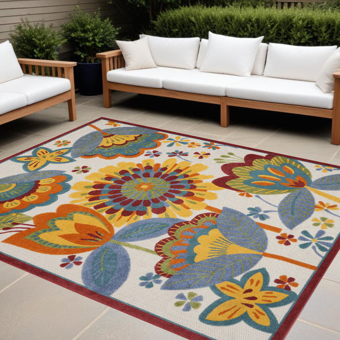 12' X 15' Floral Non Skid Indoor / Outdoor Area Rug - White Yellow / Blue