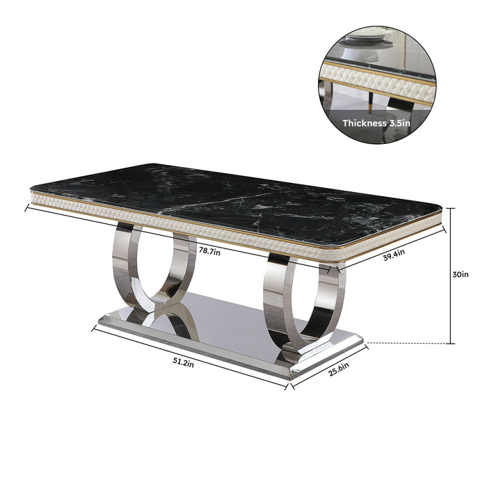 Luxury Modern Dining Table 78.7" Black Dining Table With 6 Chairs Faux Marble Dining Table Top With Titanium - Plated Dual Circle Base With 6 Pieces Chairs .