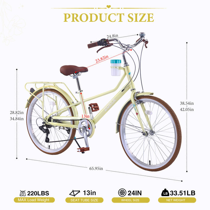 24" Cruiser Bike With 6 Speed Gear System, Rear Rack & Cup Holder Daily Nest