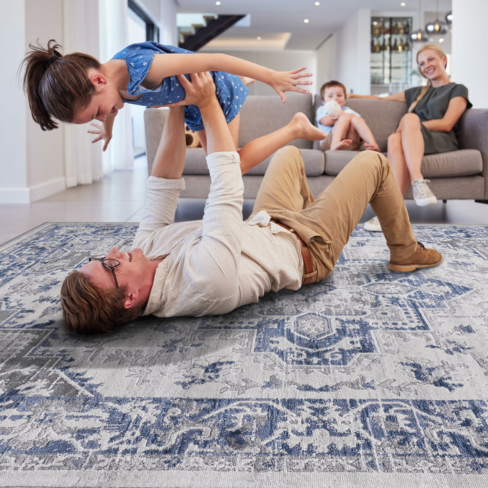 2' x 8' Oriental Non-Shedding Stylish And Stain Resistant Area Rug - Blue / Gray