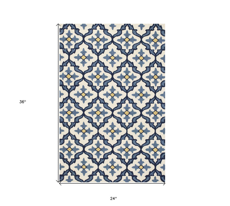 2' X 3' Moroccan Handmade Indoor / Outdoor Area Rug - Ivory / Blue