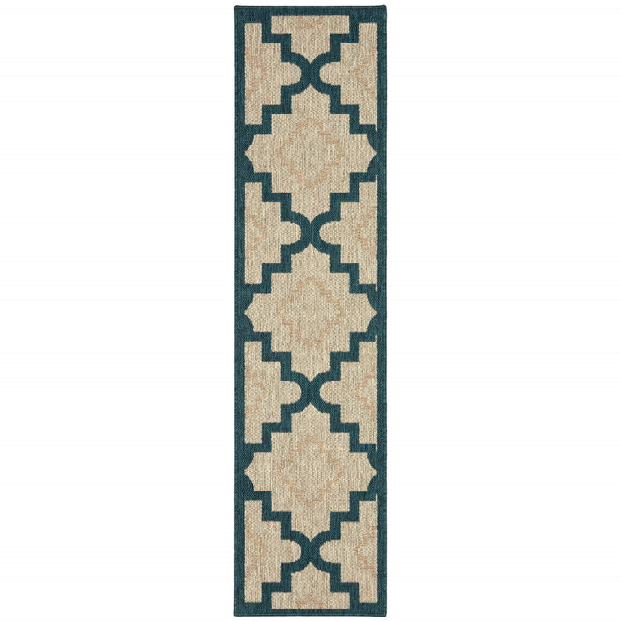 2' X 8' Geometric Stain Resistant Outdoor & Indoor Area Rug - Blue / Gray