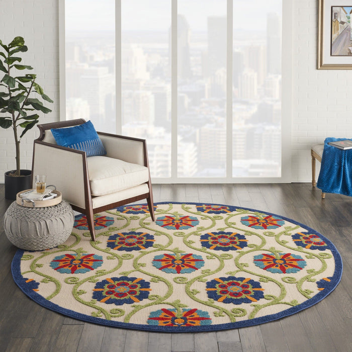 8' Round Round Floral Outdoor / Indoor Area Rug - Ivory / Blue