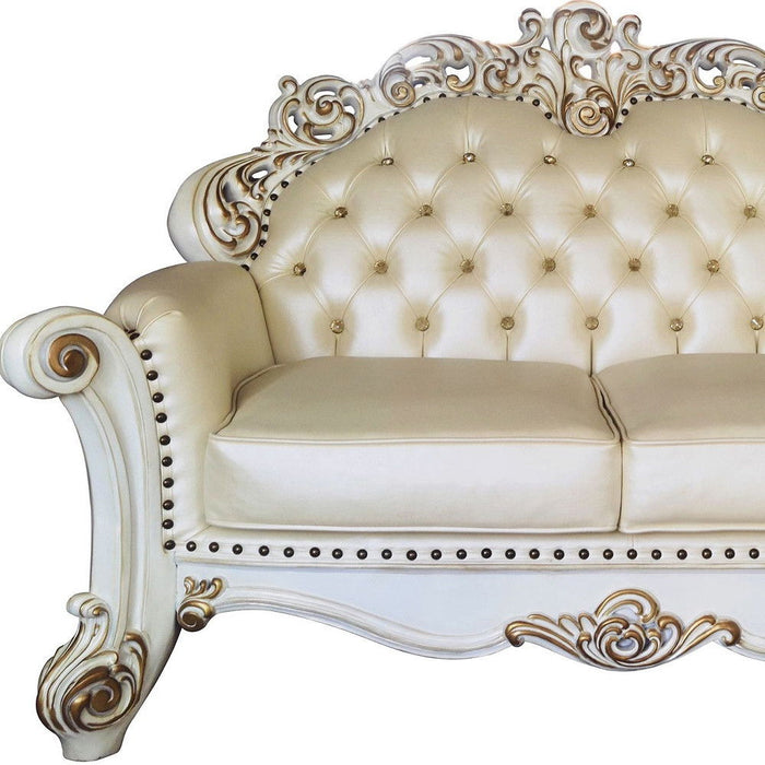 Faux Leather Loveseat And Toss Pillows - Champagne / Pearl