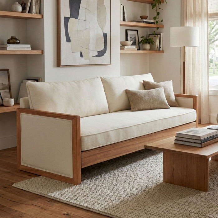 Modern 3 Seater Sofa With Wood Armrests Noble House