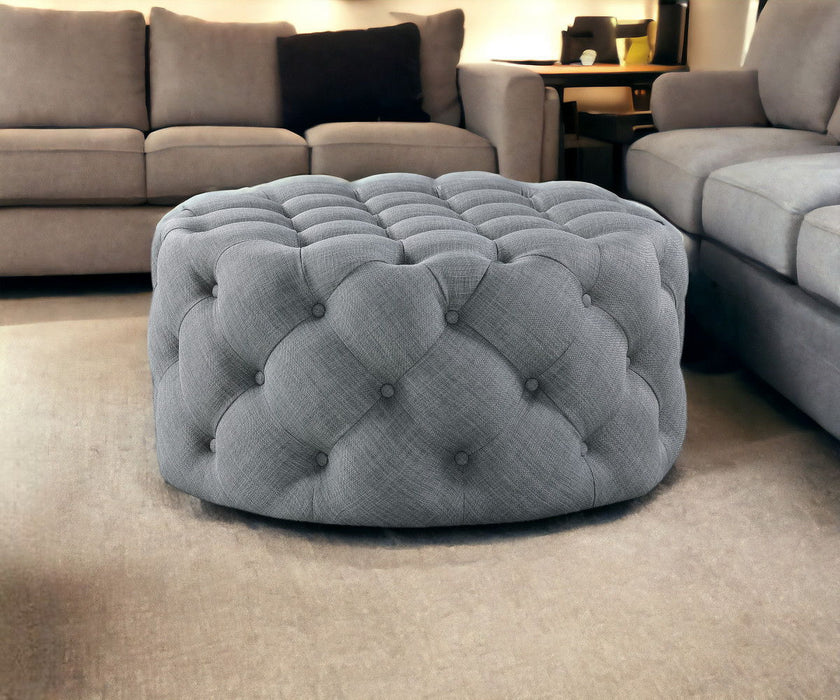 Linen Rolling Tufted Round Cocktail Ottoman - Light Gray