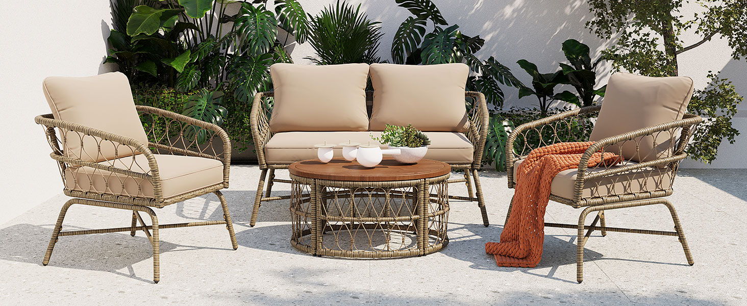 Go Bohemia - Inspired 4 Person Outdoor Seating Group With Removable Cushions, Conversation Patio Set With Wood Tabletop, Beige