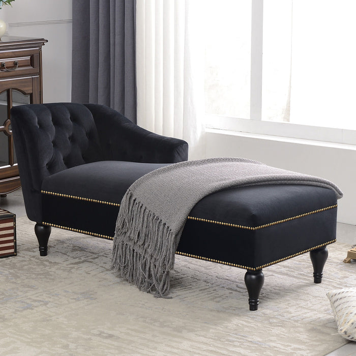 Velvet Chaise Lounge, Button Tufted Right Arm Facing Lounge Chair With Nailhead Trim For Living Room - Black Luxe & Co.