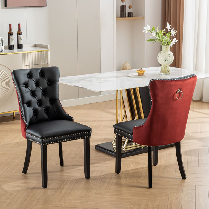 A&A Furniture, Nikki Collection Modern, High - End Tufted Solid Wood Contemporary PU And Velvet Upholstered Dining Chair With Wood Legs Nailhead Trim 2 Piece Set, Black / Winered, Burgundy