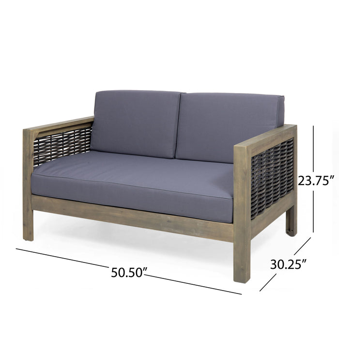 Outdoor 4 Seater Acacia Wood Chat Set With Wicker Accents And Cushions, Gray / Mixed Gray / Dark Gray