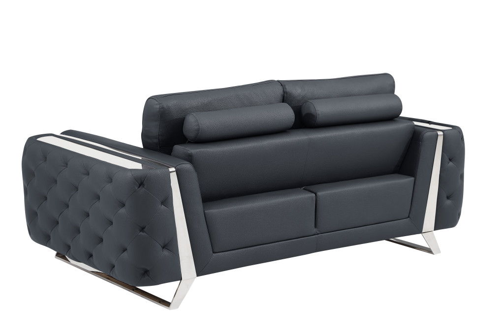 Genuine Leather Loveseat - Dark Gray / Silver