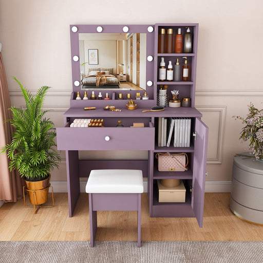 Vanity Desk Set With Padded Stool And Adjustable LED Mirror, 3 Color Light Modes - Purple Home Essentials