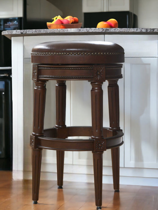 Faux Leather And Solid Wood Swivel Backless Counter Height Bar Chair - Wood Brown