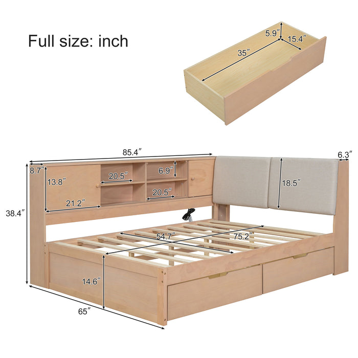 L-Shaped Daybed Corner Bed Under Bed Drawers With Storage Bookcase And Upholstered Headboard And USB Charging Ports