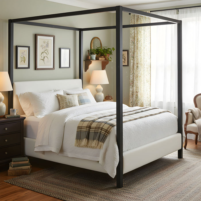 Queen Canopy Bed With Upholstery - White / Black Noble House
