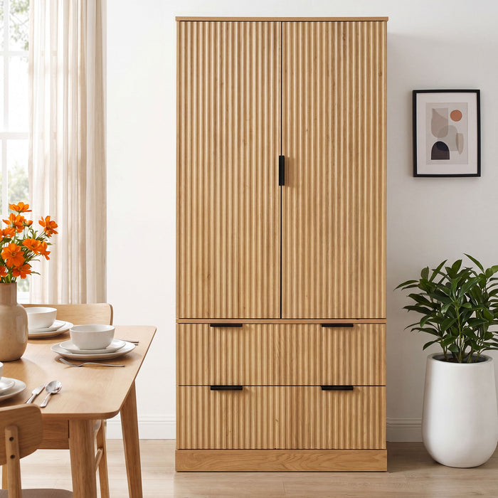 Fluted Kitchen Pantry Cabinet With 2 Large Drawers & 8 Door Spice Rack Freestanding Storage Organizer - Oak Home Essentials