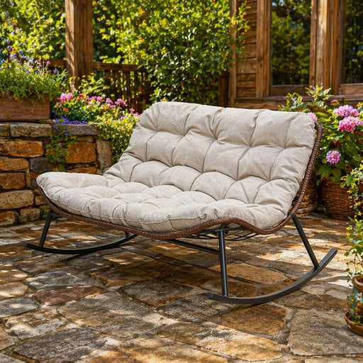 Double Wide Rocking Papasan Chair, 2 Person Outdoor Lounge Seating - Acacia Wood / Beige Home Essentials