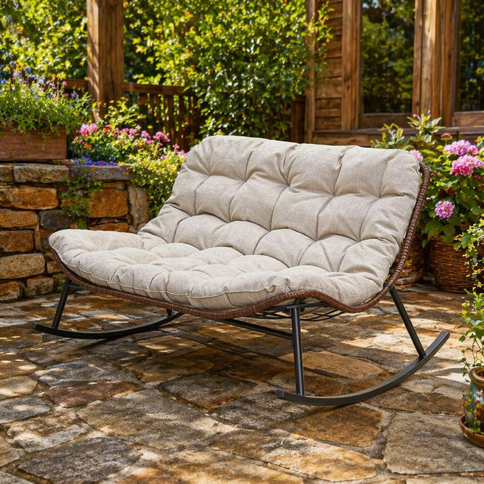 Double Wide Rocking Papasan Chair, 2 Person Outdoor Lounge Seating - Acacia Wood / Beige Home Essentials