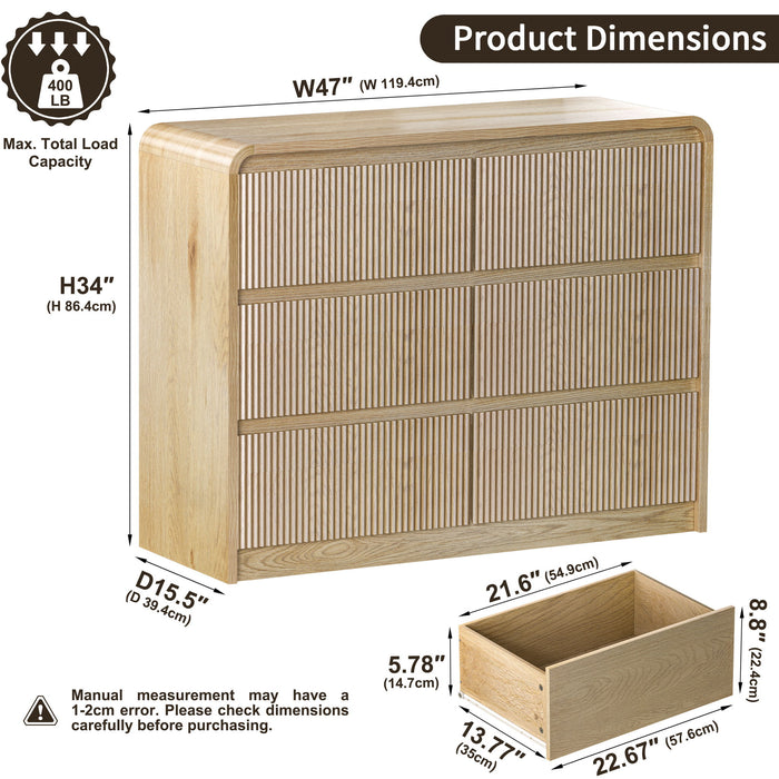 6 Drawer Dresser With Fluted Panel For Bedroom - Beige / Natural Hearth and Haven