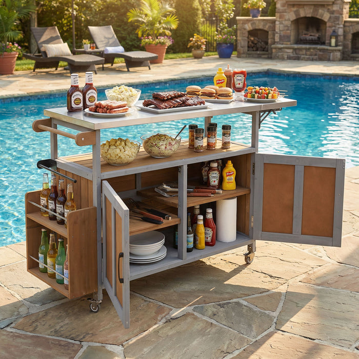 Foldable Outdoor Kitchen Island With Lockable Wheels, Storage Cabinet And Towel Rack For Patio Hearth and Haven