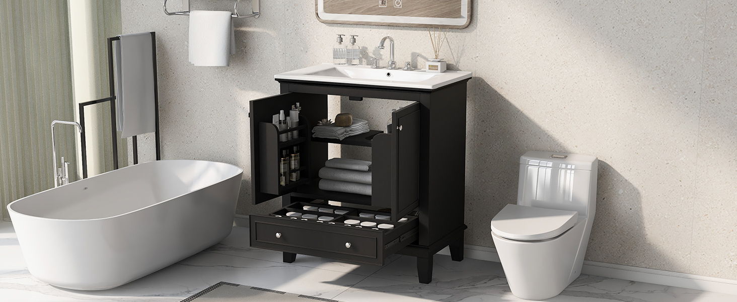 30" Bathroom Vanity With Sink Combo, Multi - Functional Bathroom Cabinet With Doors And Drawer, Solid Wood And MDF Board, Black