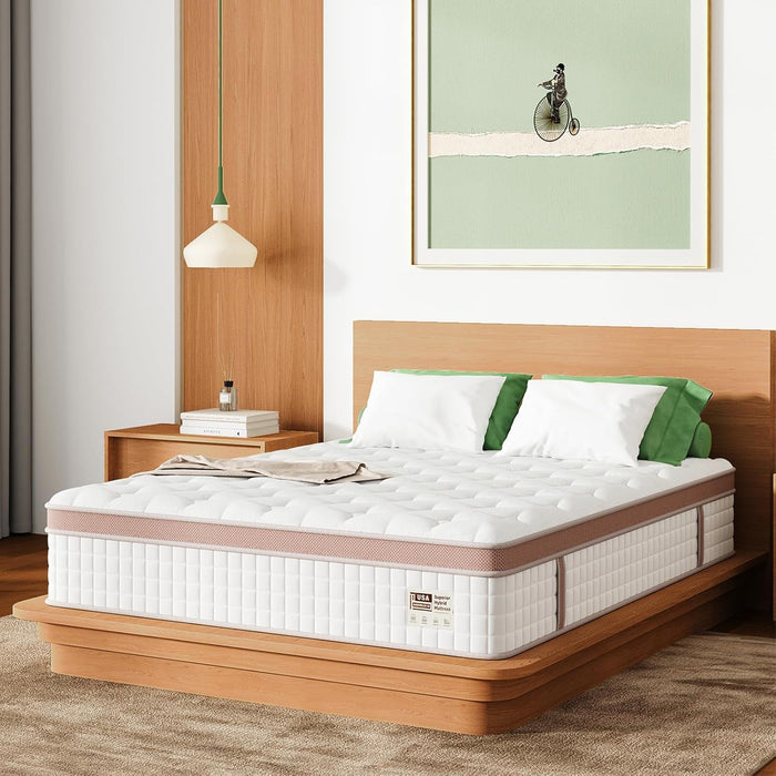 14", Firm Hybrid Mattress, Gel Memory Foam & Pocket Springs, Pressure Relief, Motion Isolation, Ergonomic Bed - White - King Somnus Mattress USA