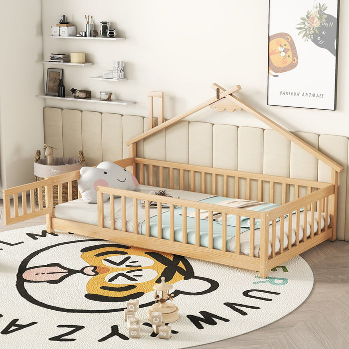 House-Shaped Bedside Floor Bed With Guardrails, Slats, With Door