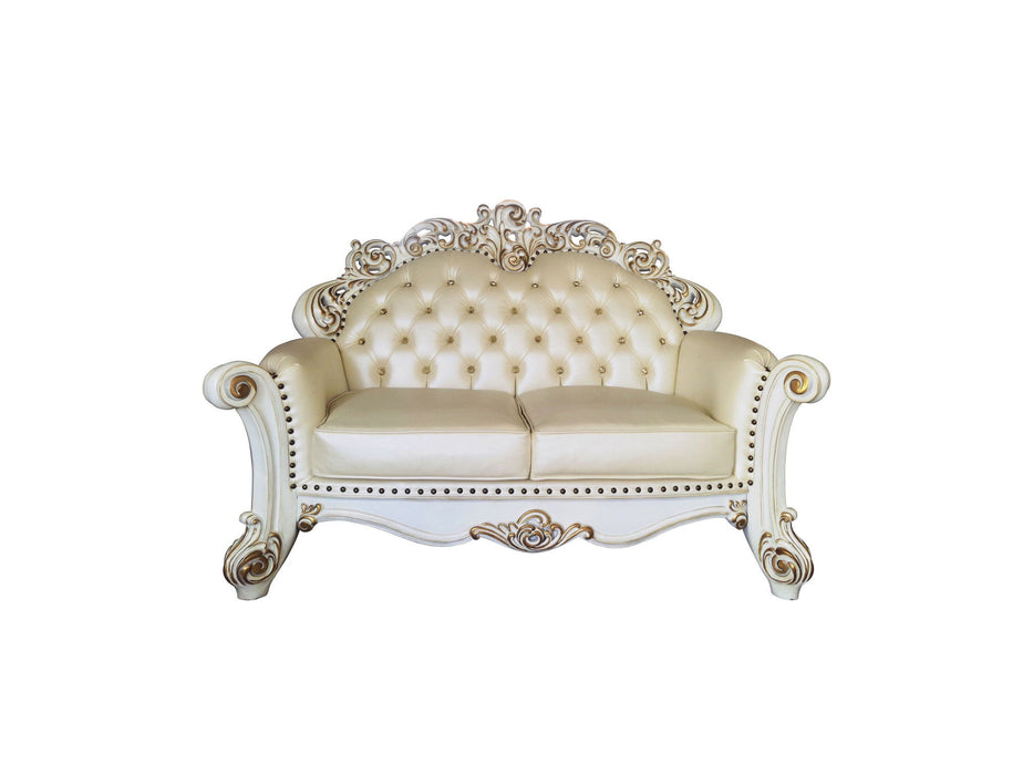 Faux Leather Loveseat And Toss Pillows - Champagne / Pearl